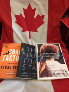 Three books - Chai Factor, The Birds that Stay and the Book Woman of Troublesome Creek, on a chair that looks like the Canadian flag.