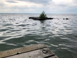 A small piece of the dock over top of a choppy Lake Simoe in on overcast day with a small island of rocks and one tree in the distance