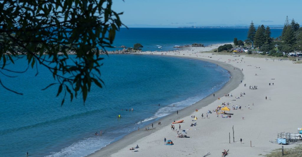 Stunning aerial view of a sunny beach at Mount Maunganui, New Zealand, perfect for leisure and relaxation.